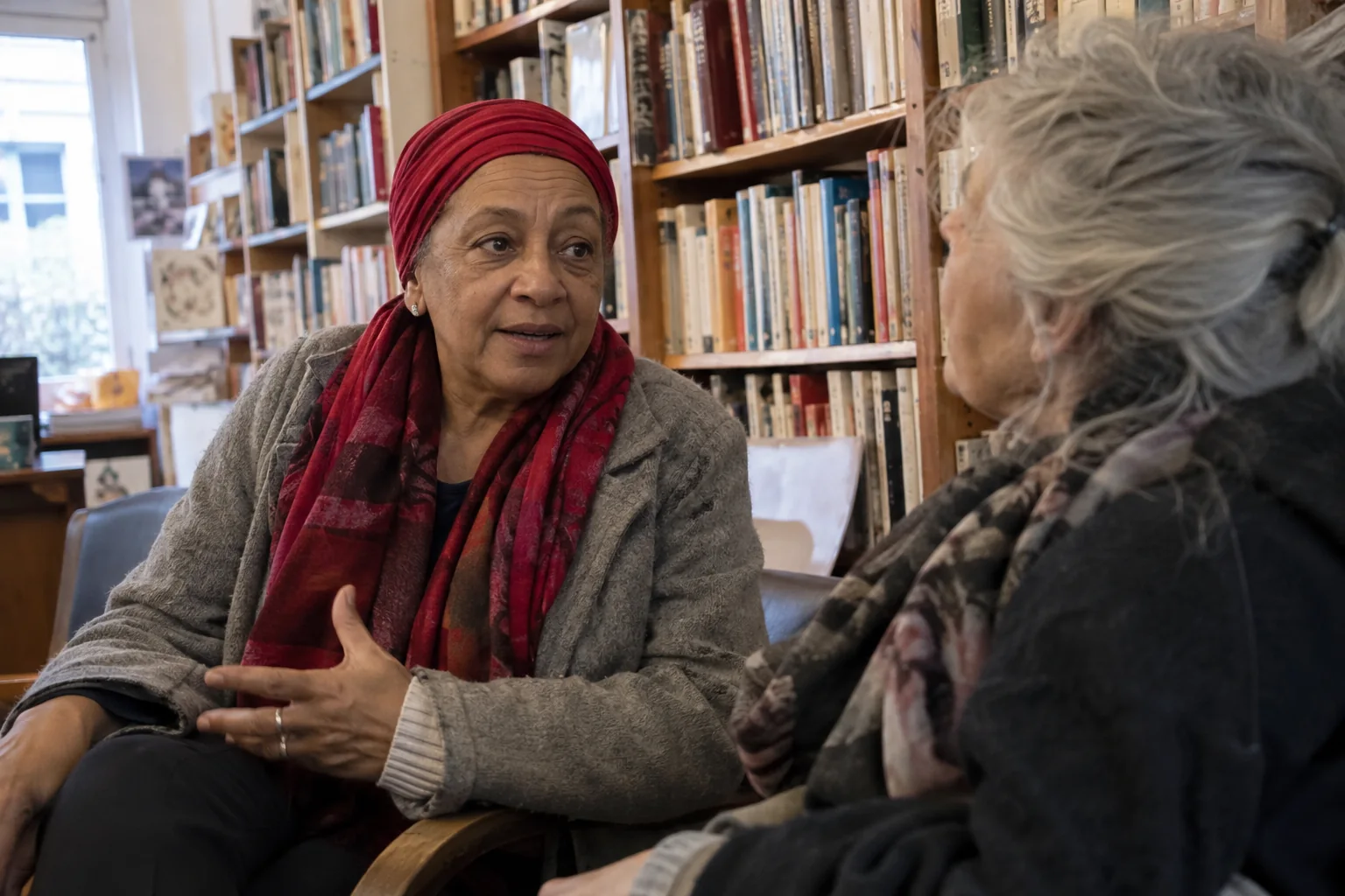 Deux femmes discutent dans une bibliothèque