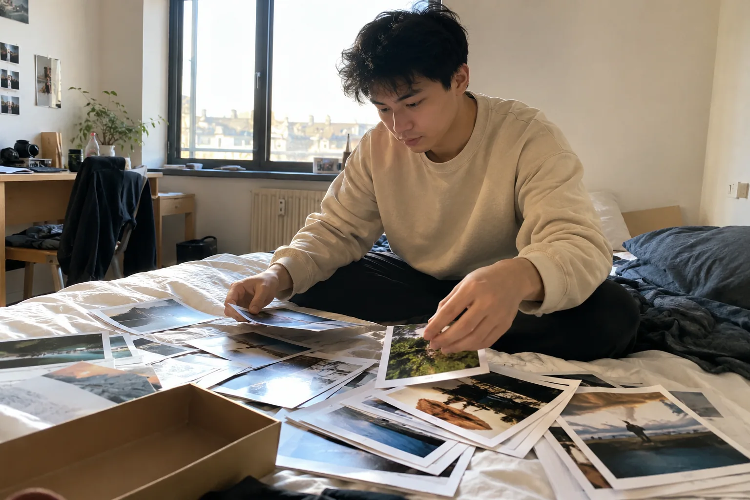Un homme range des tirages photographiques sur un lit