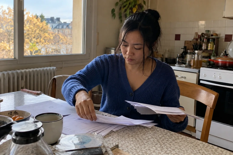 Une femme trie des brouillons sur une table en formica