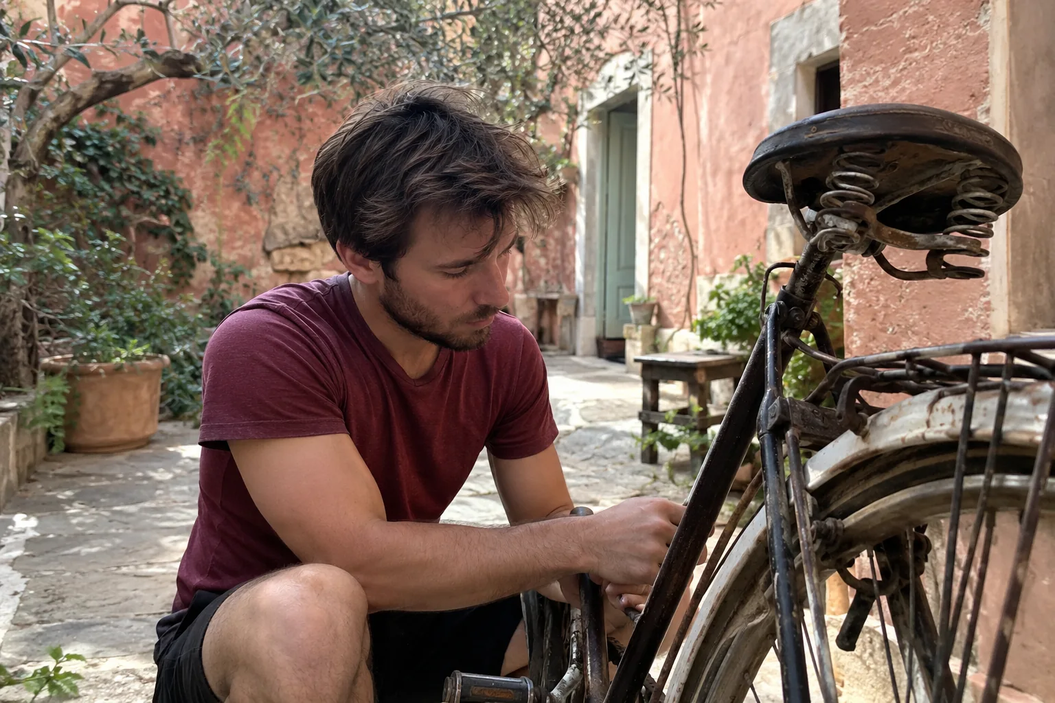 Un homme examine un vélo dans une cour