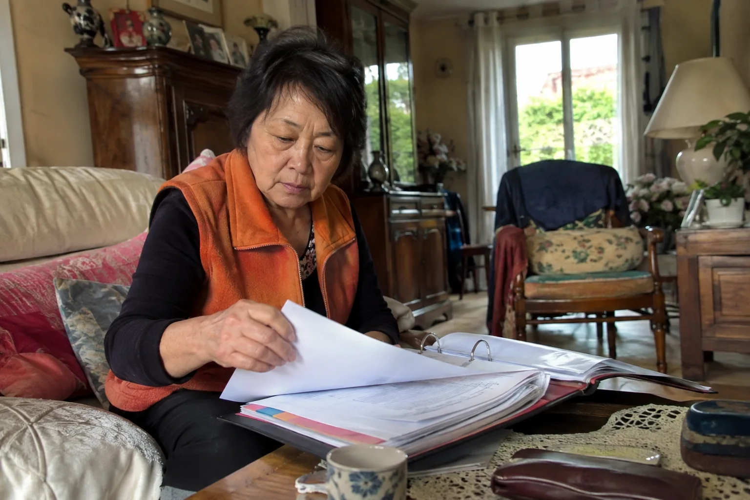 Une femme feuillette un classeur dans son salon