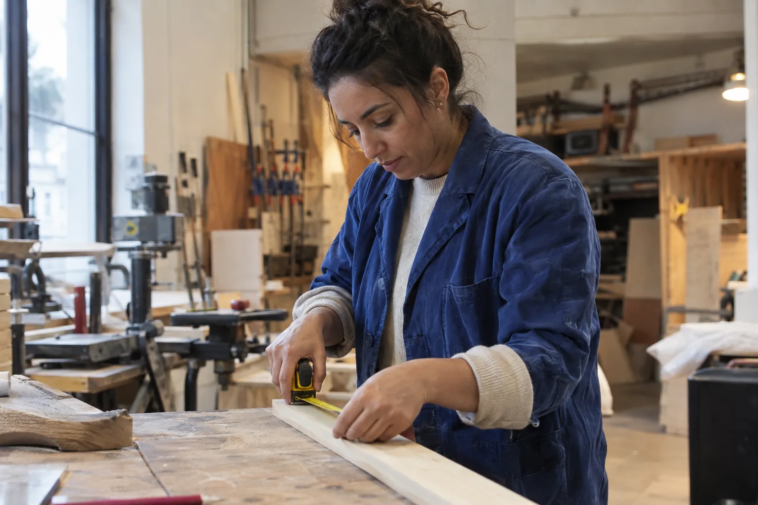 Une femme mesure une planche dans un atelier partagé