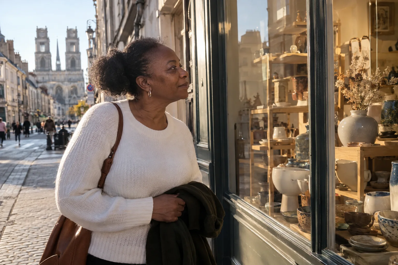 Une femme regarde la vitrine d’un atelier de céramique