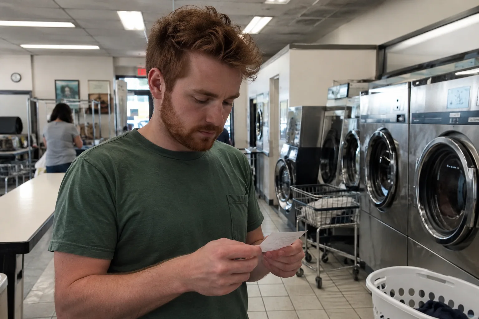 Un homme relit une note dans une laverie