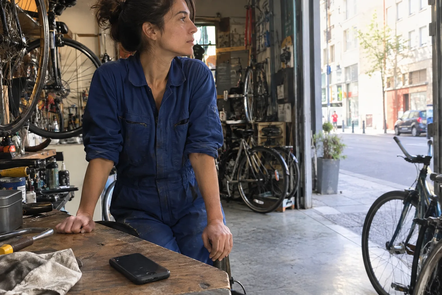 Une femme prend une pause après avoir posé son téléphone dans un atelier