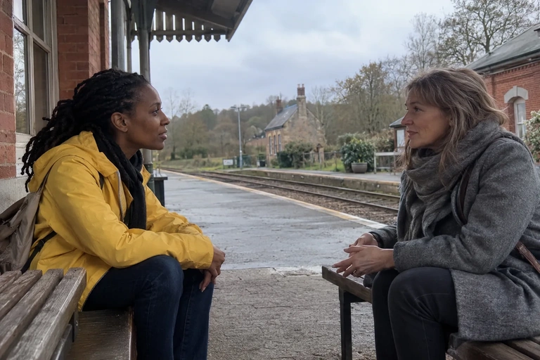 Deux femmes commencent une conversation dans une petite gare