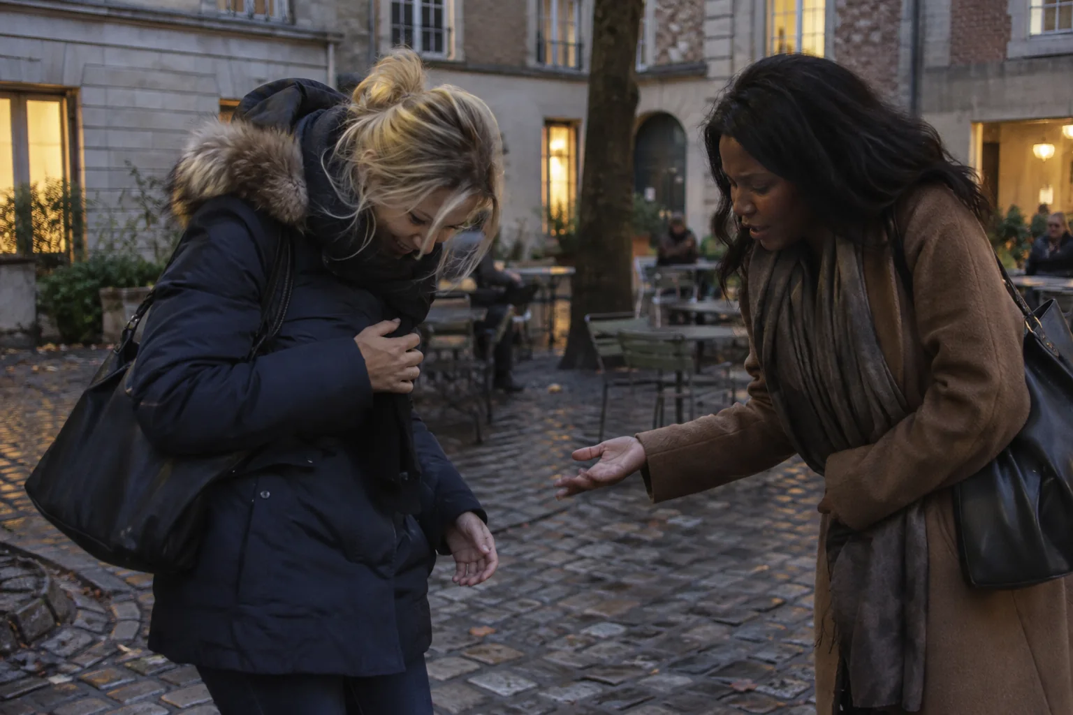 Deux femmes discutent dans une cour