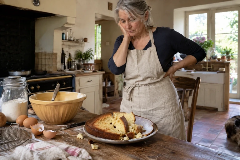 Une cuisinière regarde un gâteau qui s’est cassé
