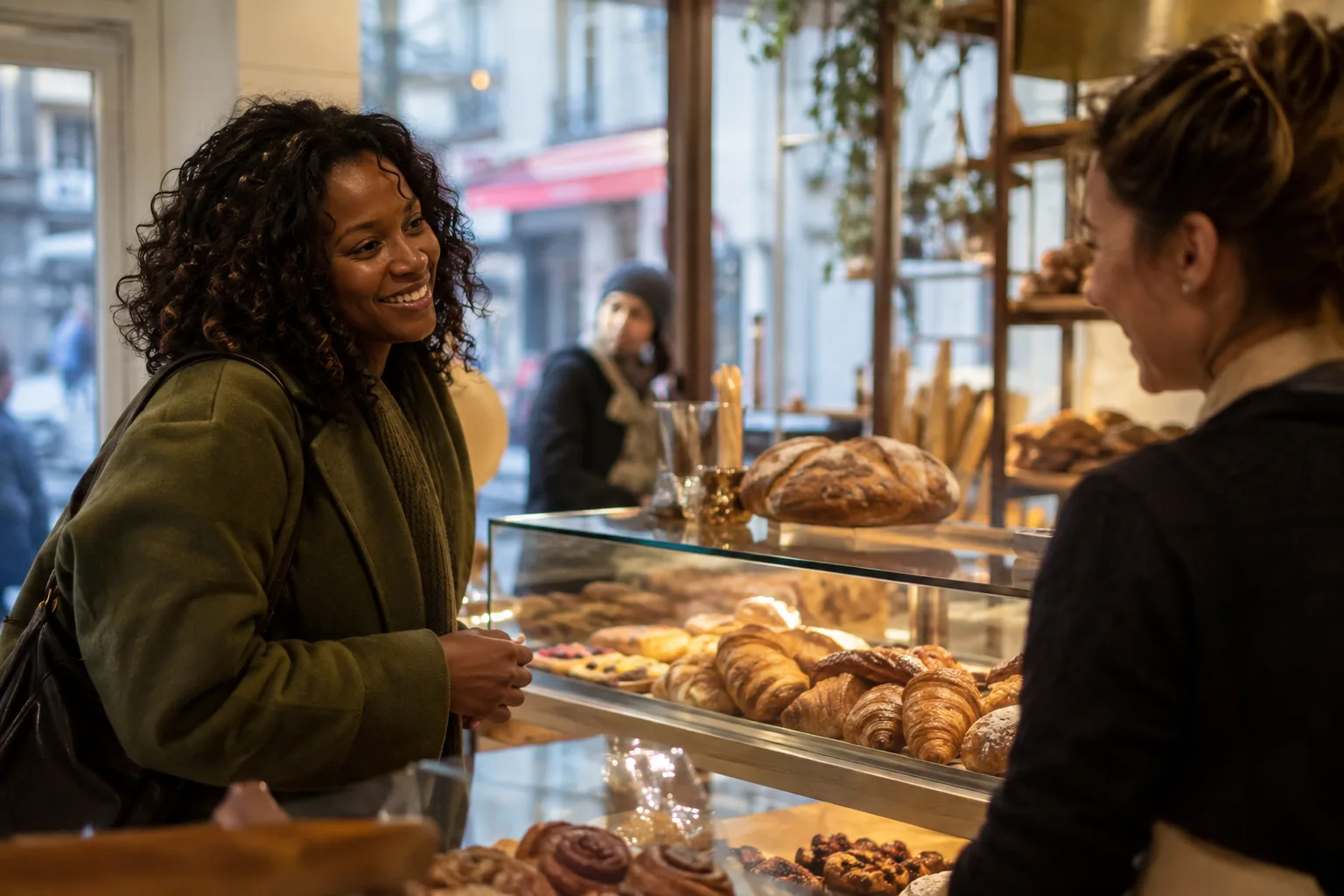 Une femme répond à une amie au comptoir