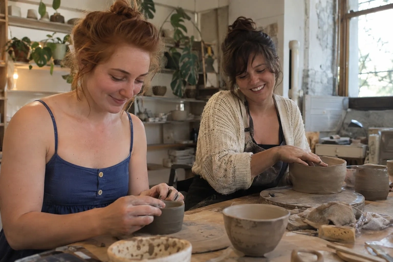 Deux participantes échangent après un atelier de poterie