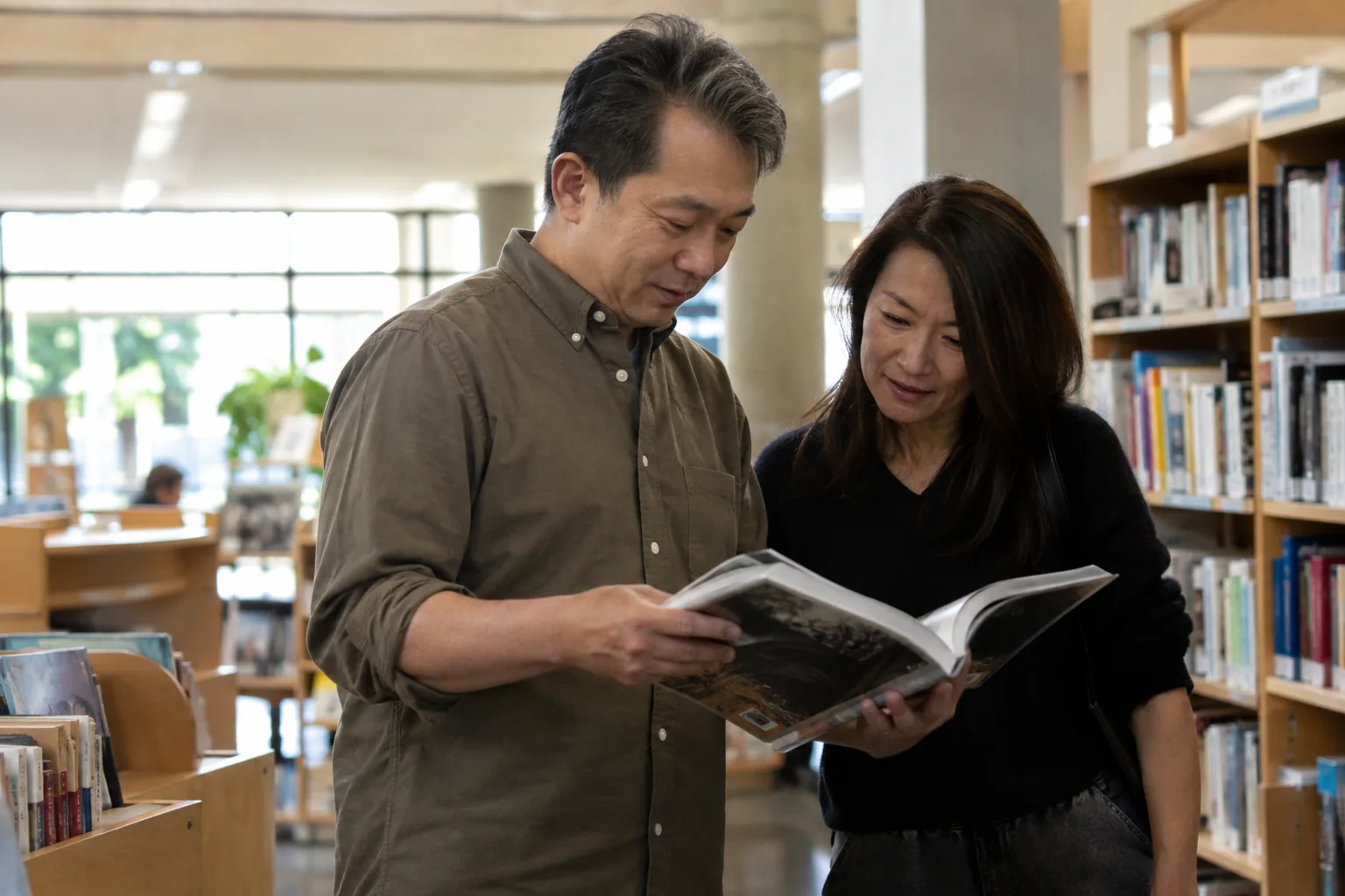 Deux adultes vérifient une information dans un livre