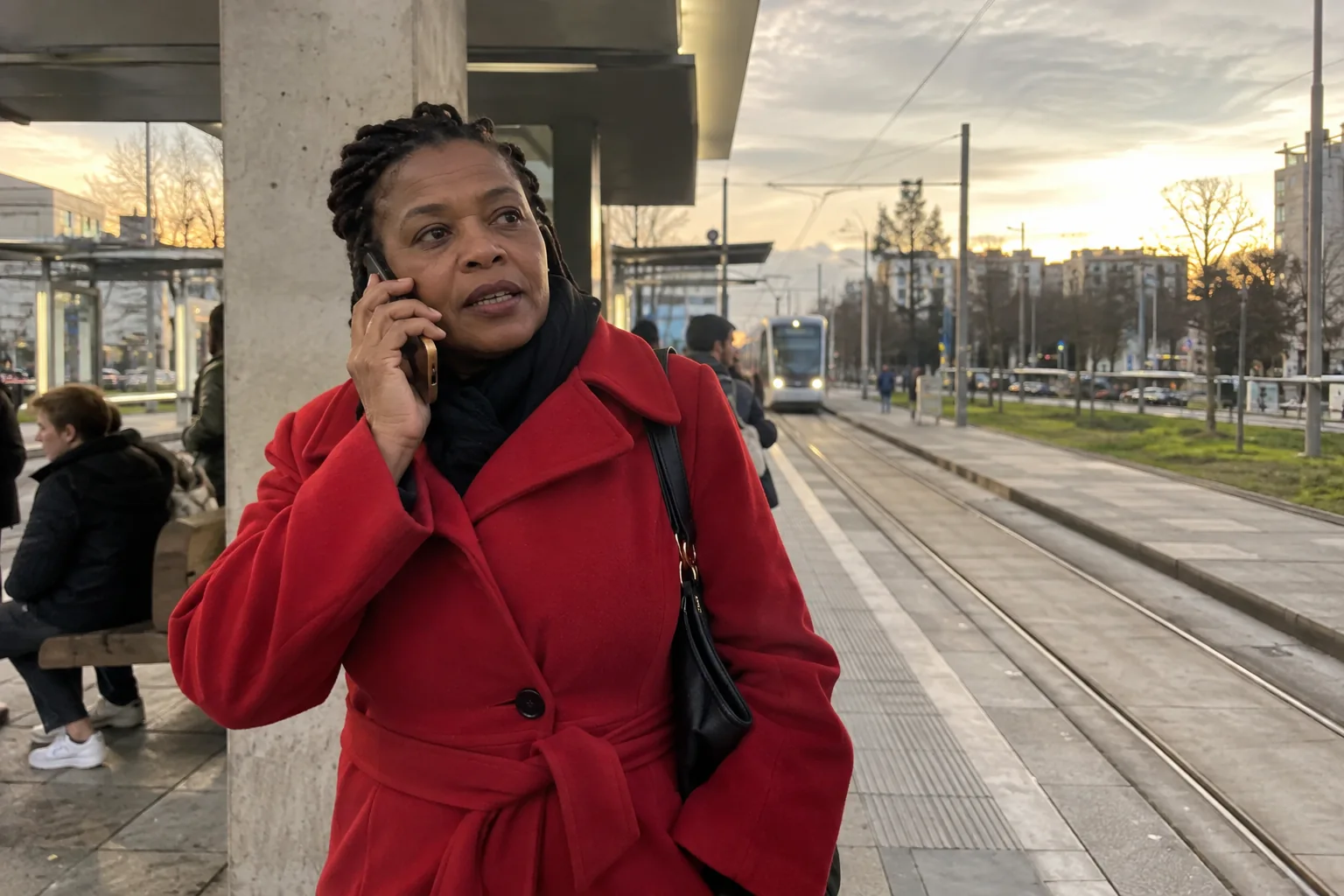 Une femme téléphone près d’un arrêt de tram