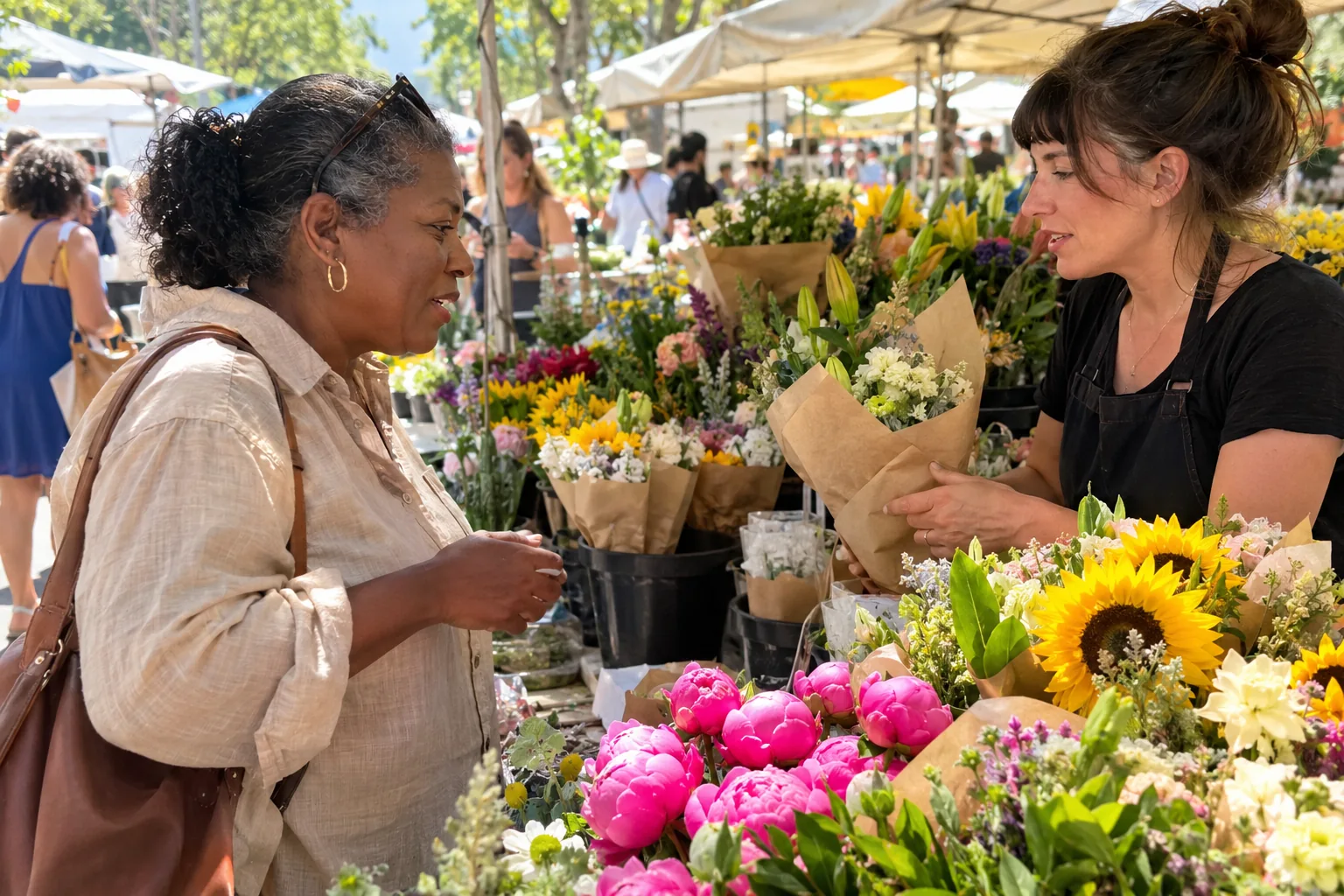 Deux femmes échangent sur un marché