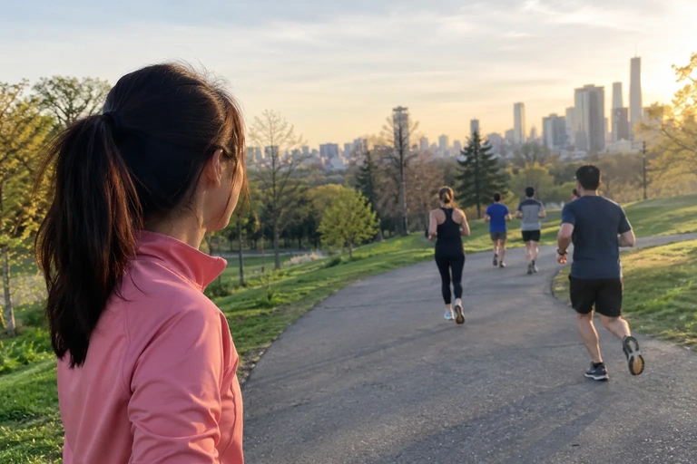 Une promeneuse observe des coureurs dans un parc