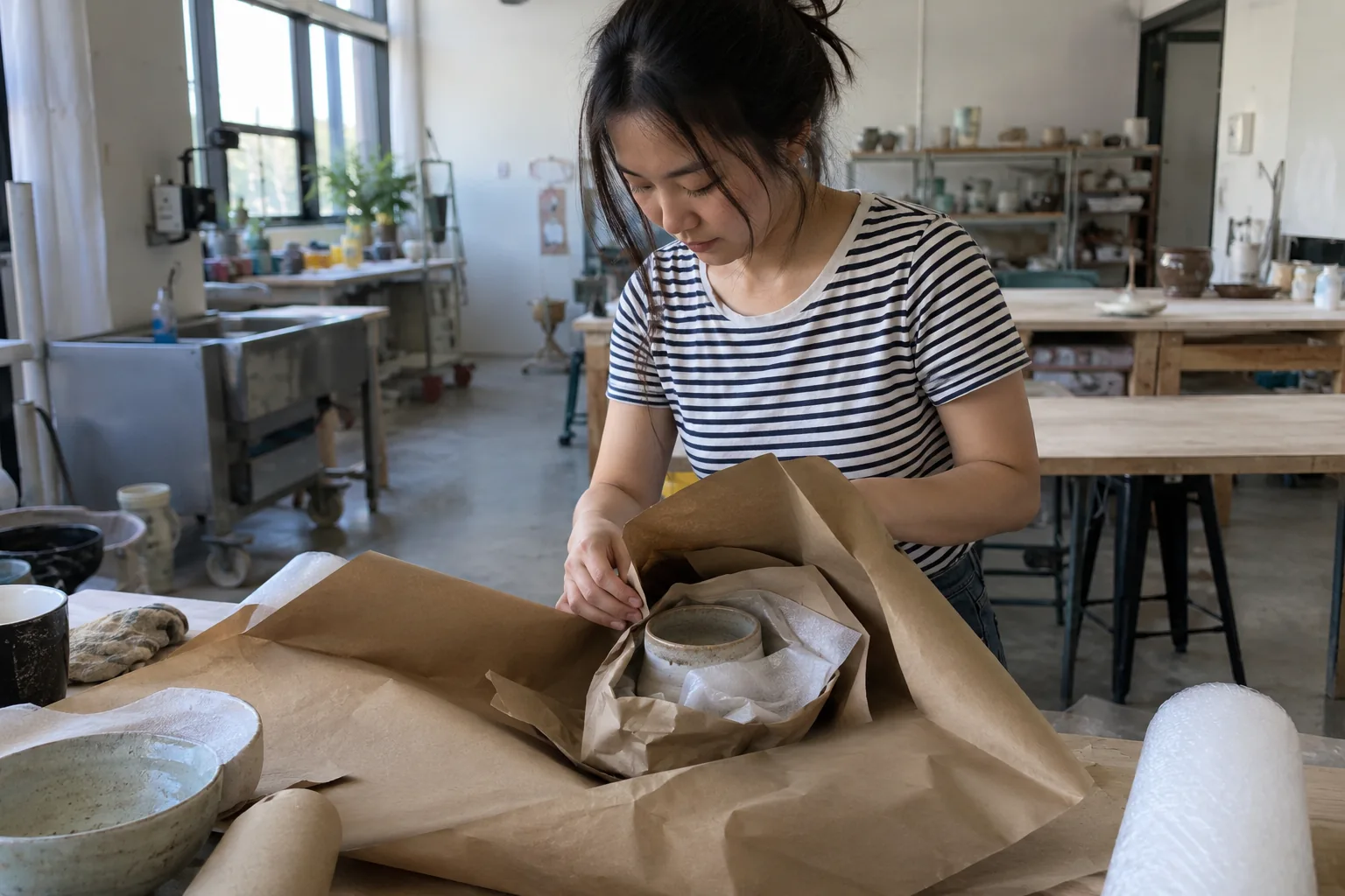 Une apprentie emballe un objet en argile