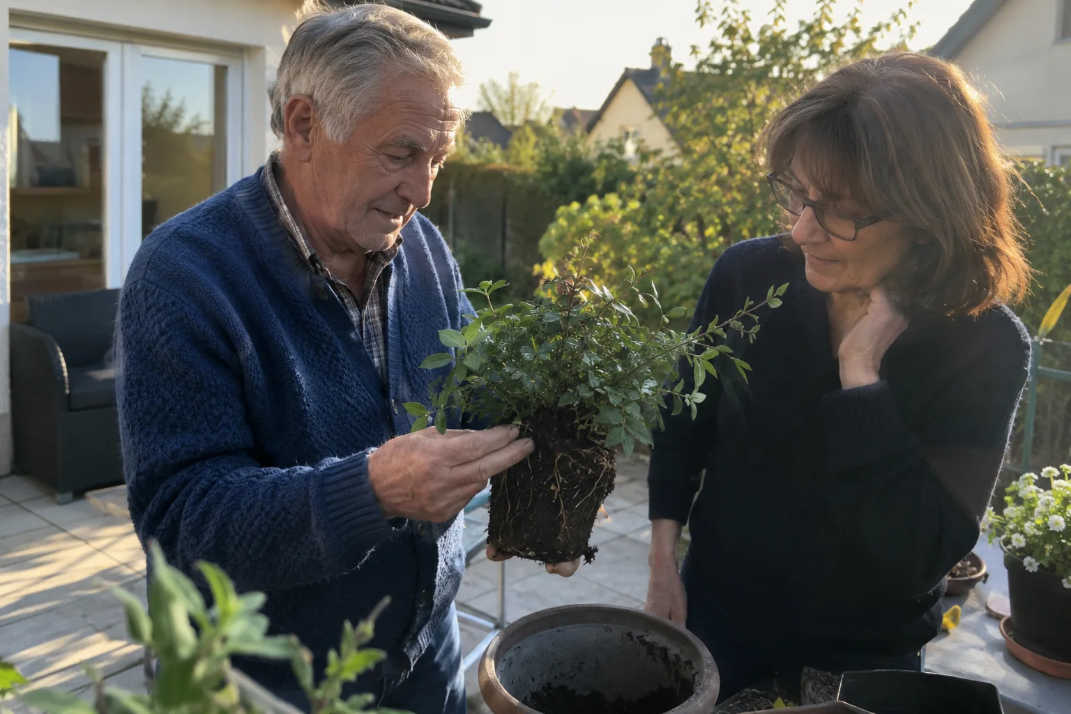 Deux adultes examinent une plante pendant un rempotage