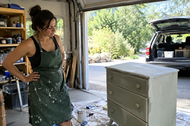 Une femme observe une commode repeinte