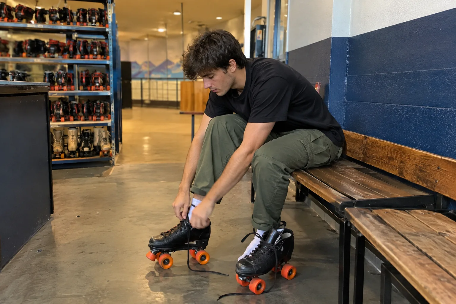 Un débutant essaie une paire de patins