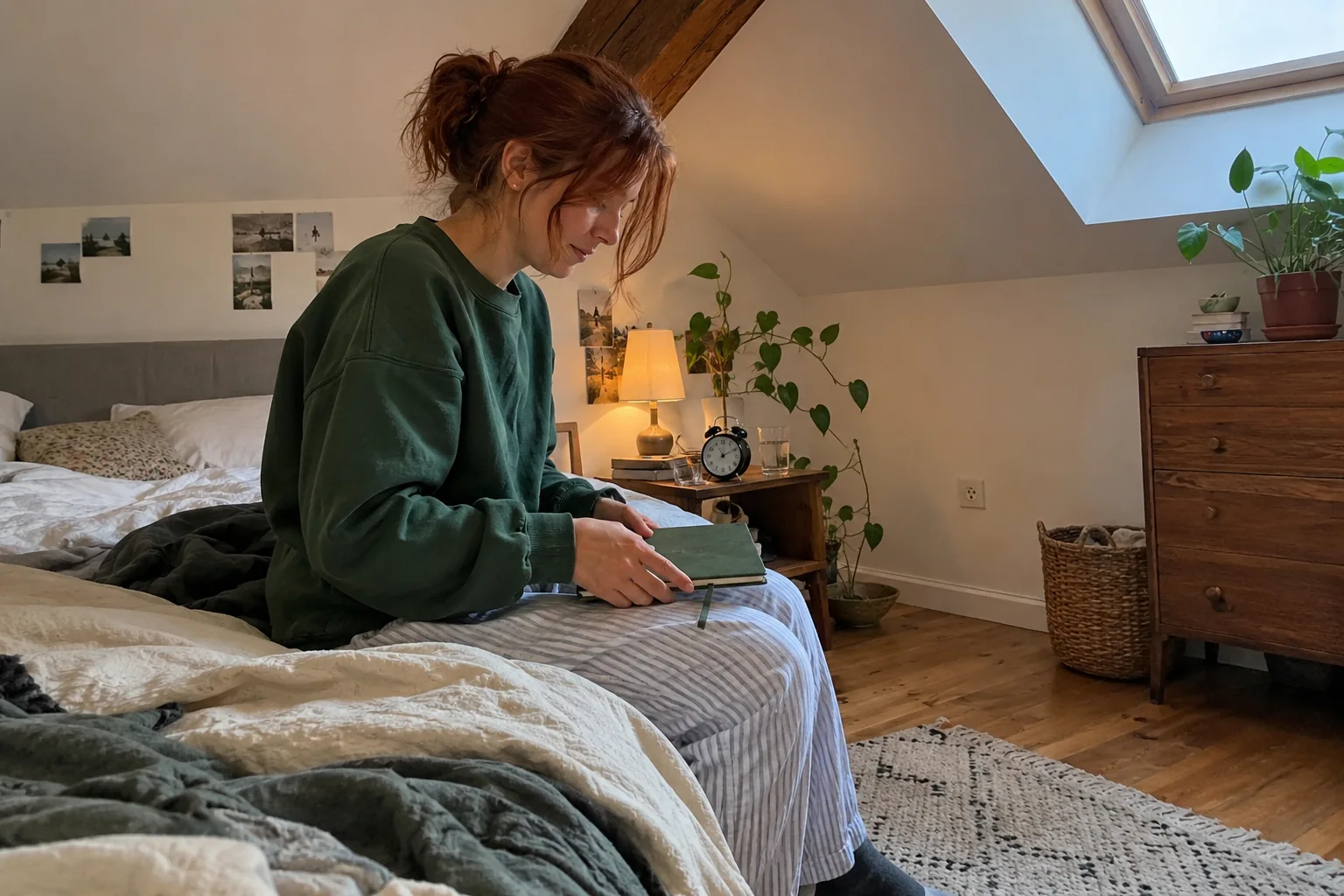 Une femme referme un carnet dans une chambre mansardée