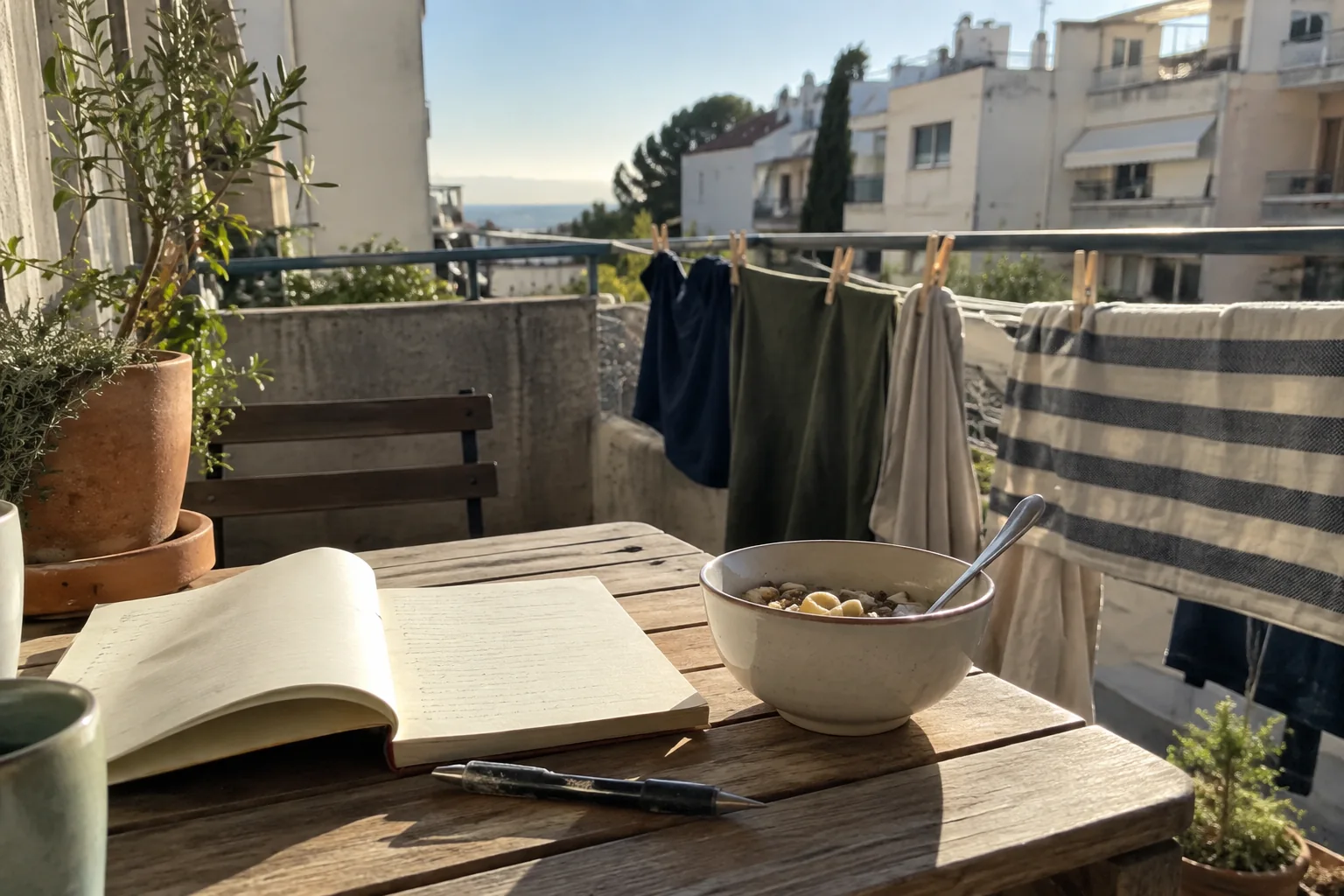 Un carnet ouvert près d’un bol sur un balcon