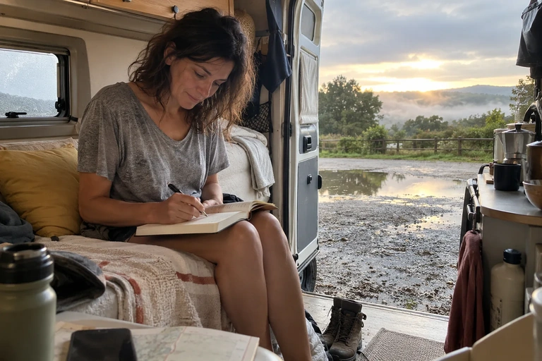 Une femme écrit dans un carnet sur la banquette d’un camping-car