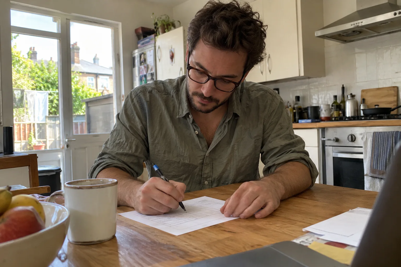 Un homme écrit sur une fiche à la table de cuisine