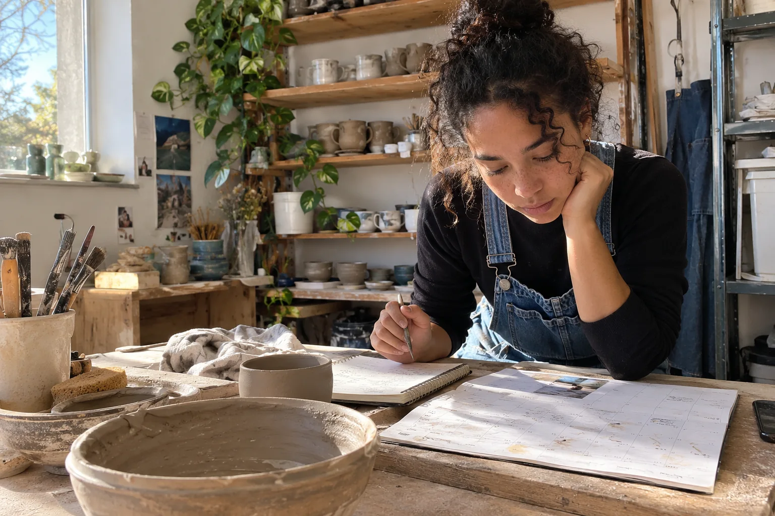 Une femme prend des notes près d’un calendrier dans un atelier de poterie
