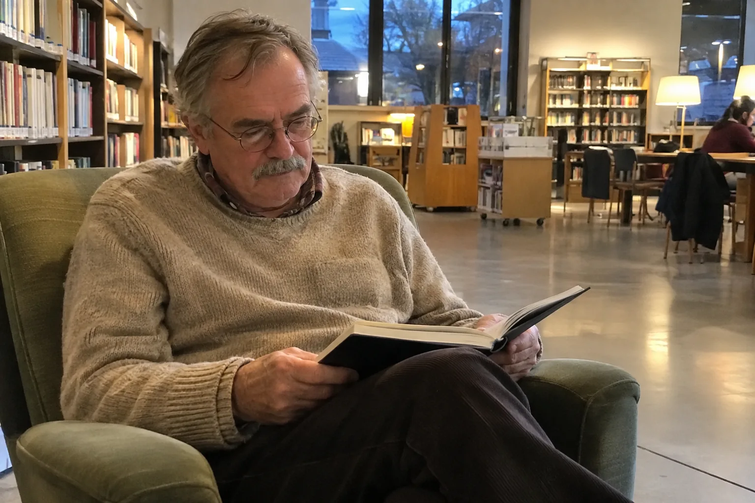 Un homme relit un carnet dans un fauteuil de bibliothèque