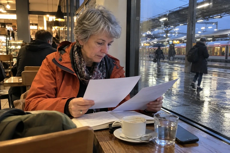 Une femme relit deux feuilles dans un café de gare
