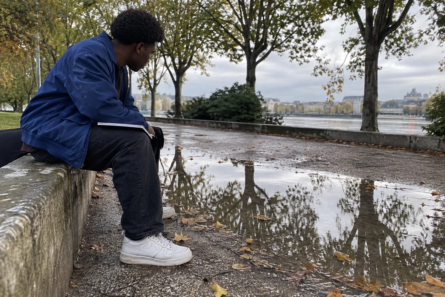 Un homme observe une flaque depuis un muret