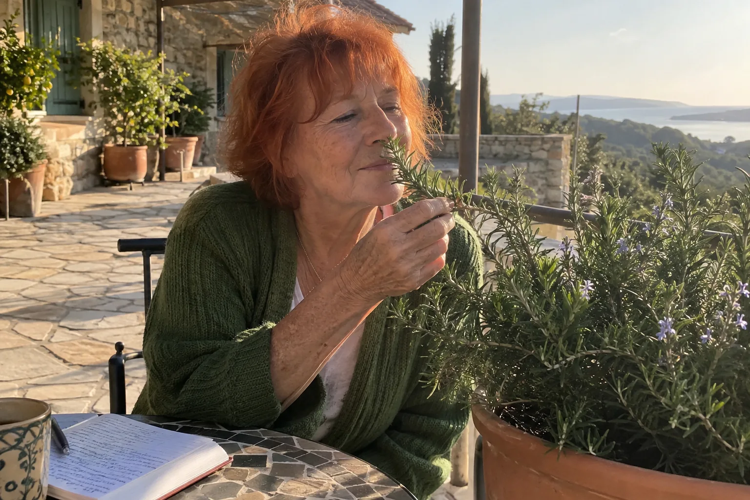 Une femme sent une branche de romarin sur une terrasse
