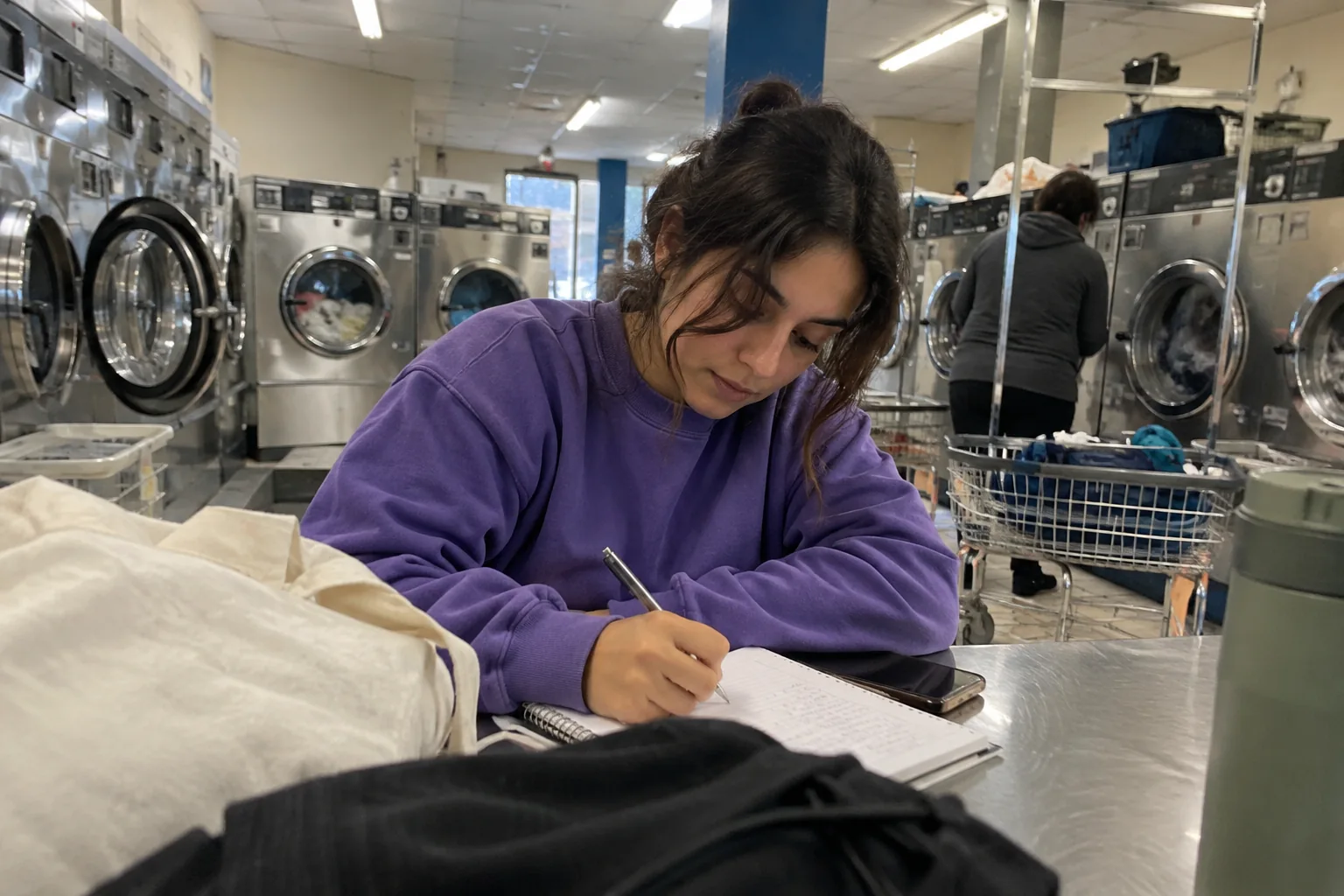 Une femme écrit quelques lignes dans une laverie