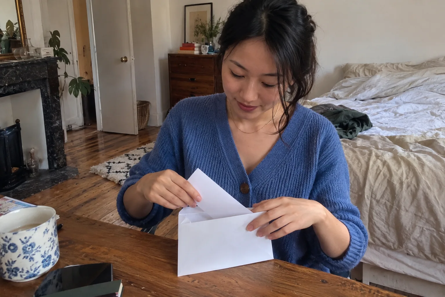 Une femme glisse une lettre dans une enveloppe