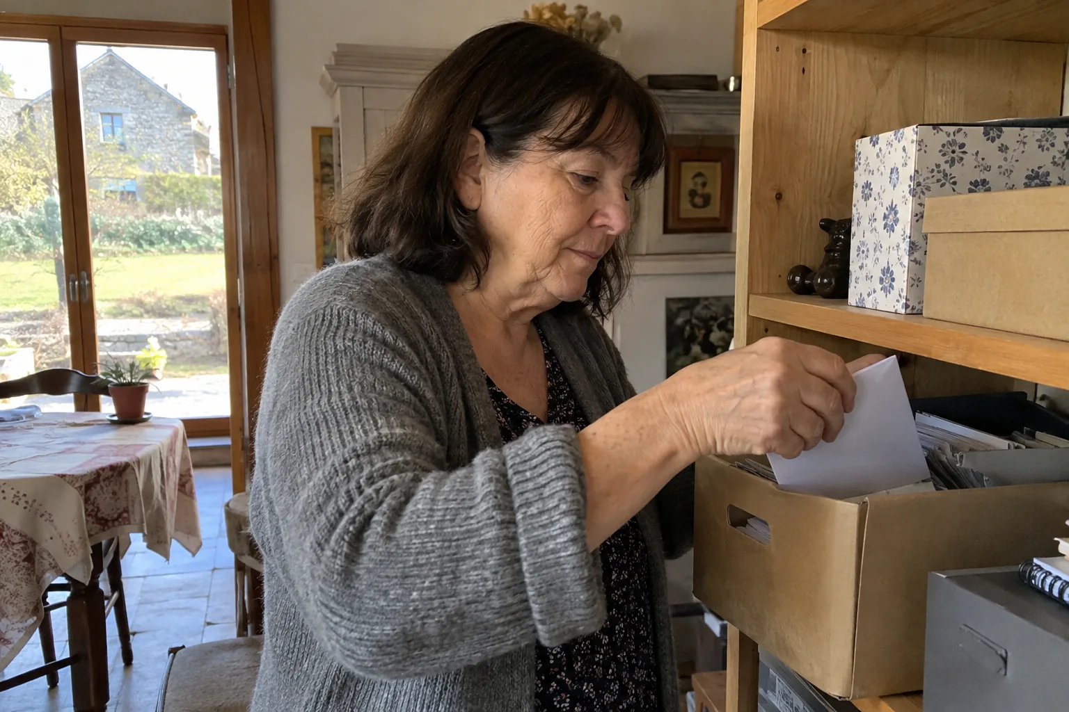 Une femme range une enveloppe dans une boîte