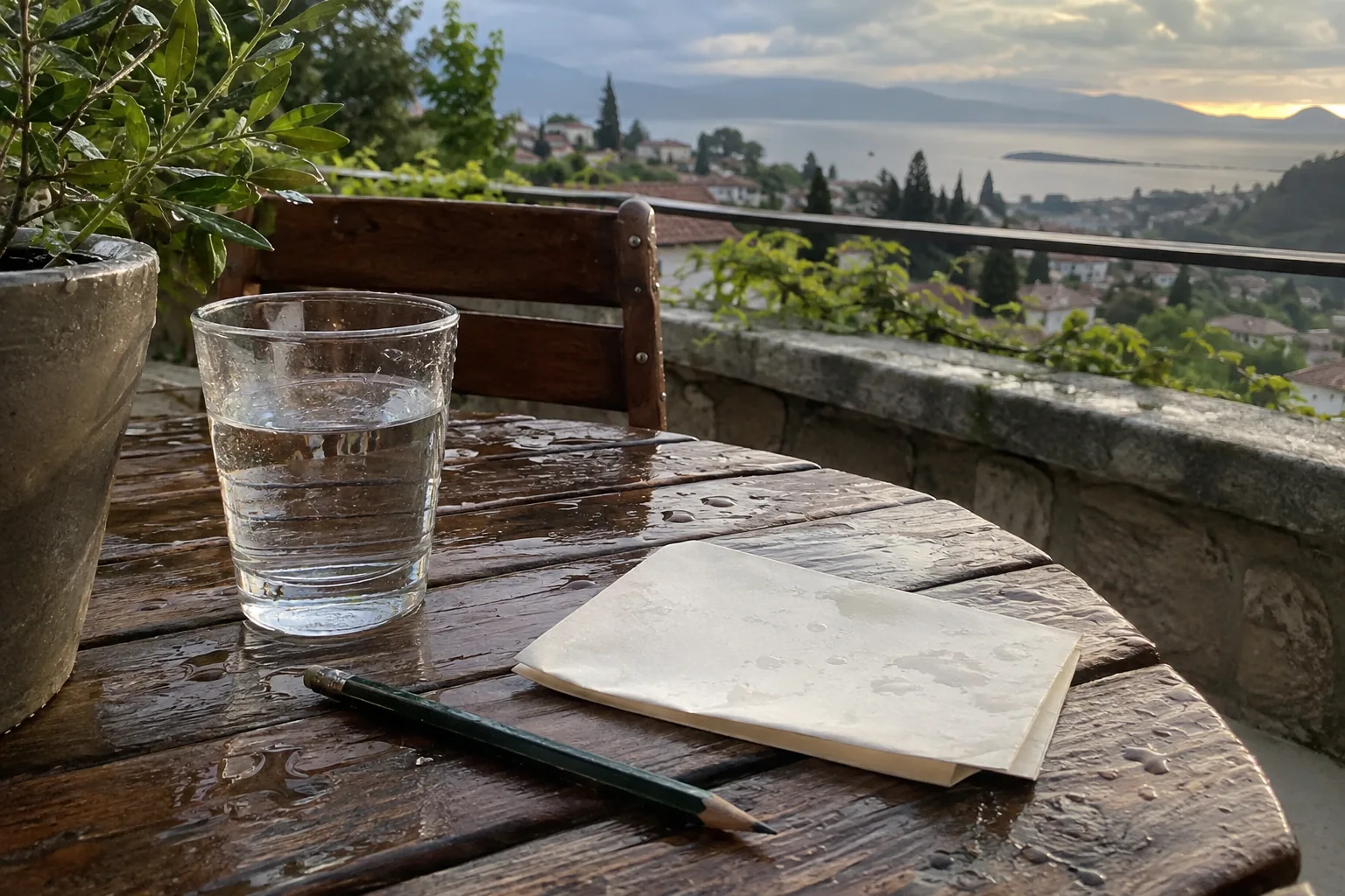 Une lettre pliée près d’un verre d’eau sur une table humide