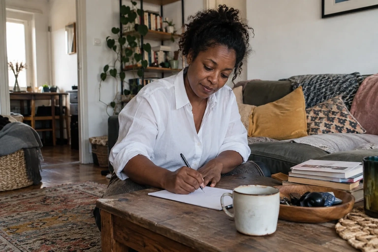 Une femme écrit une lettre sur une table basse