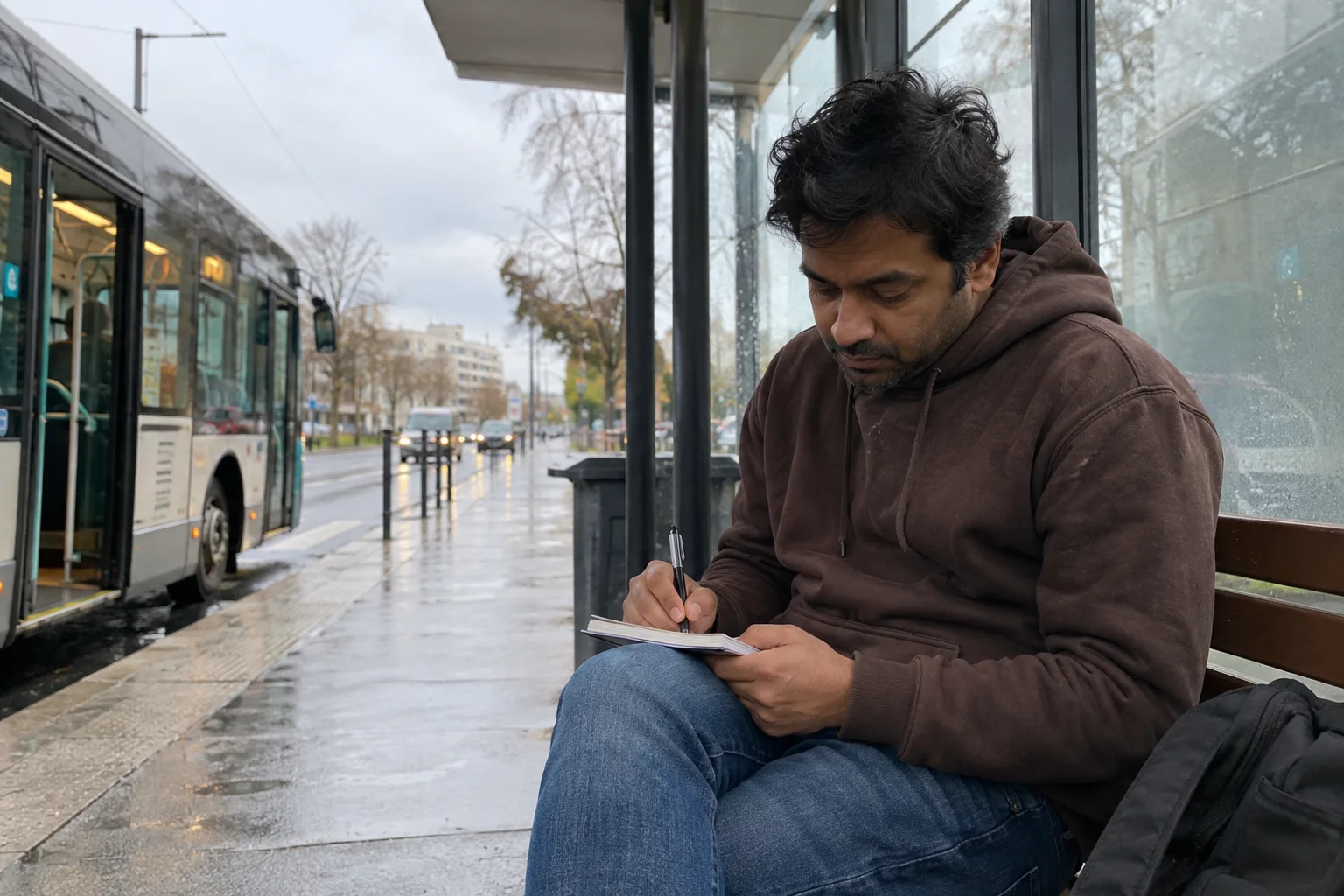 Un homme note quelques mots sous un abri de bus