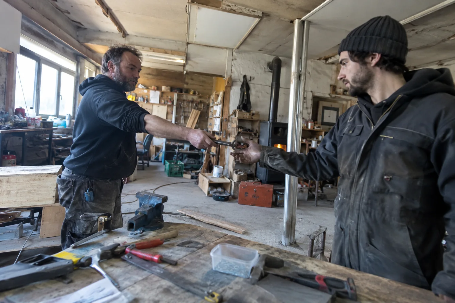 Deux hommes échangent un outil dans un atelier