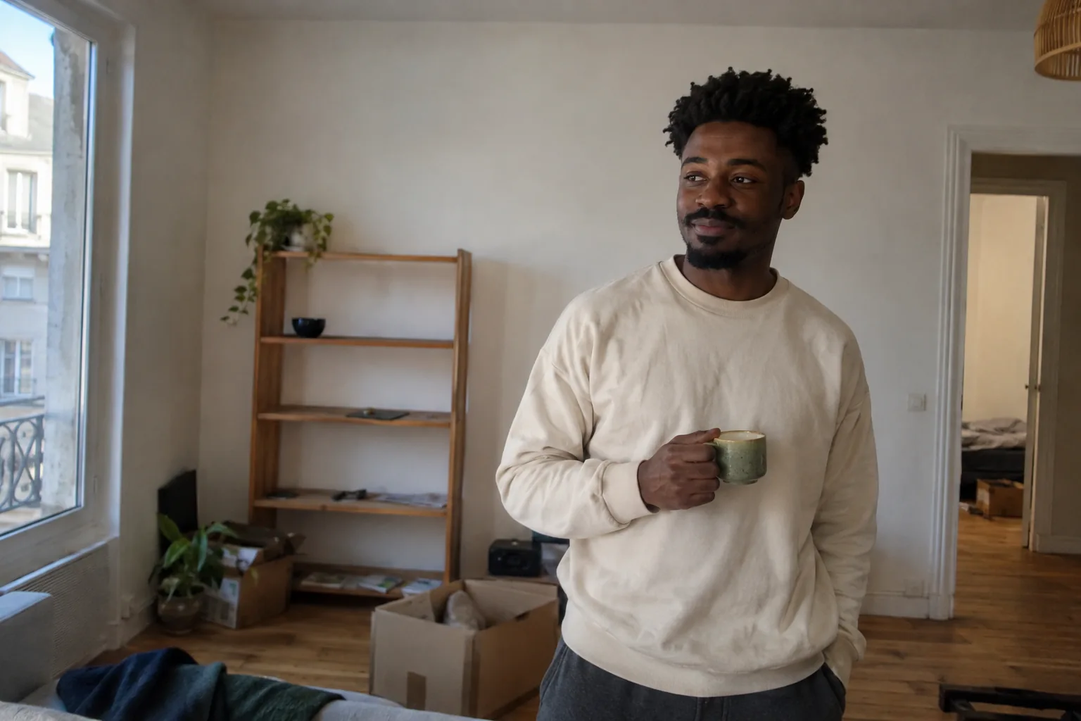 Un homme tient une tasse devant une étagère presque vide