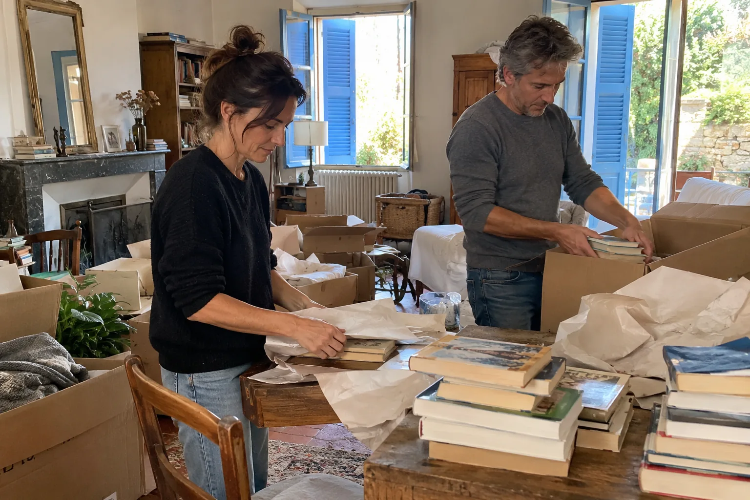 Deux adultes emballent des livres dans des cartons