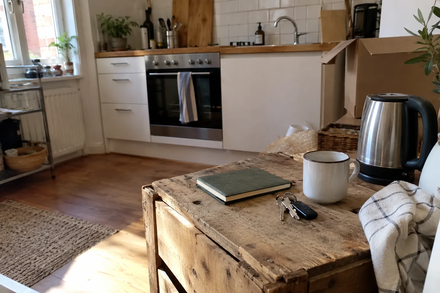 Un carnet et des clés sur une caisse dans une cuisine