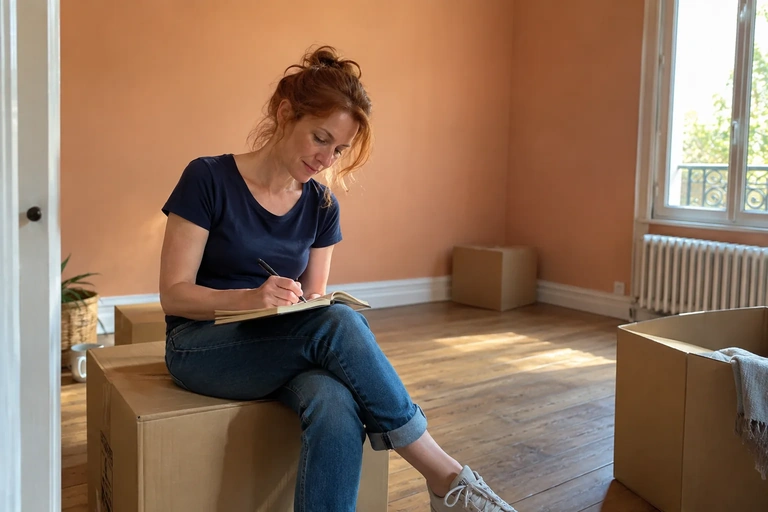 Une femme écrit assise sur un carton dans une pièce en cours de déménagement