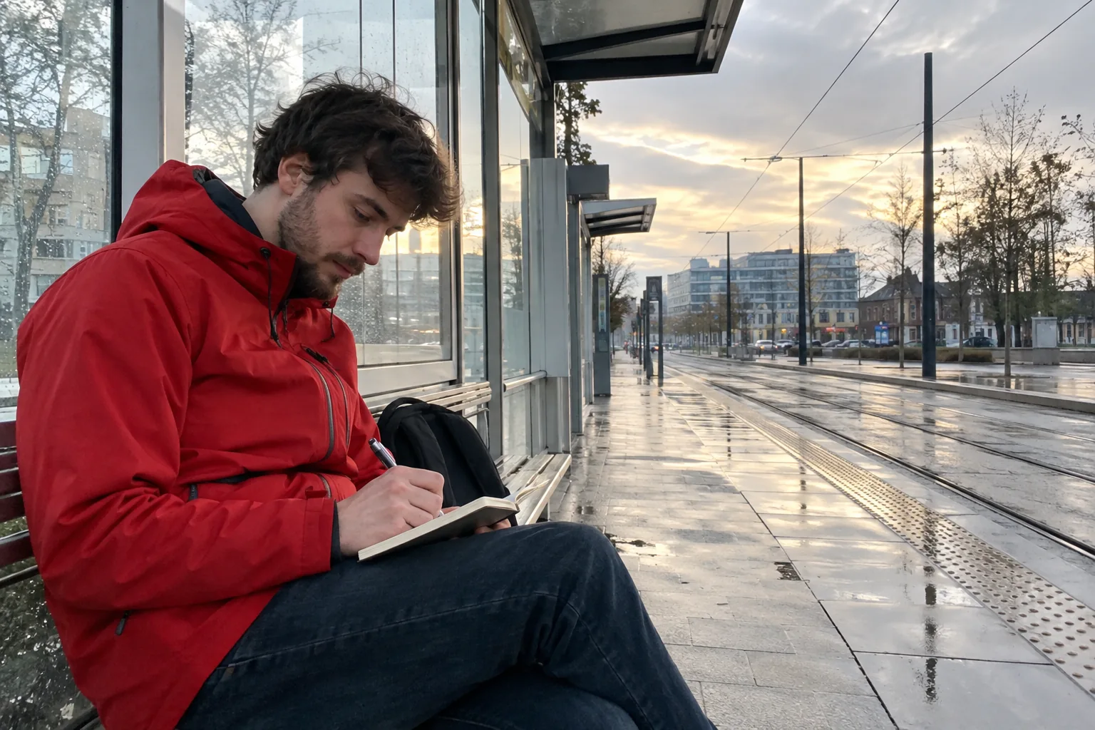 Un homme écrit sur un banc d’arrêt de tram