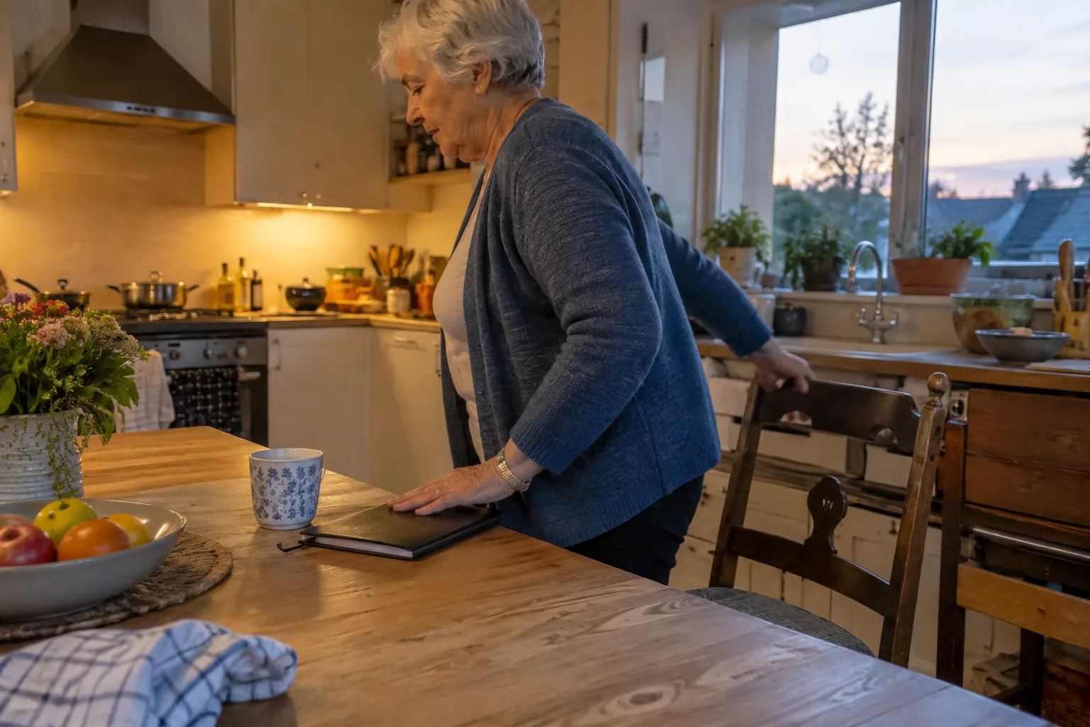 Une femme se lève après avoir refermé son carnet
