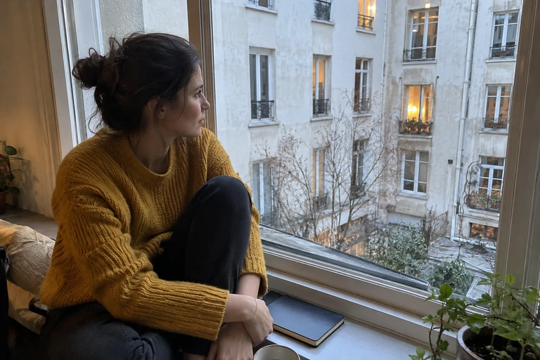 Une femme regarde par une fenêtre, son carnet fermé à côté