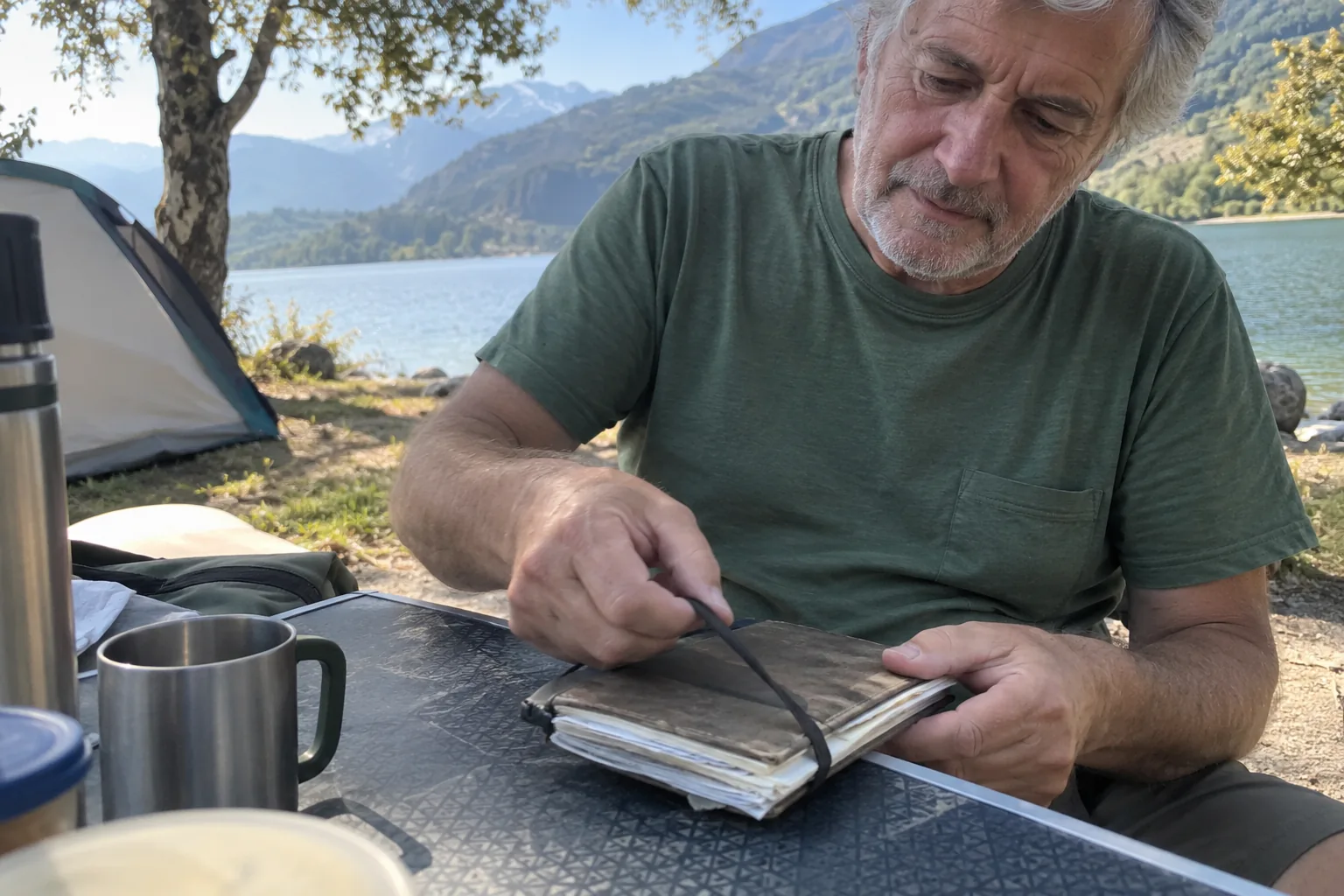 Un homme enlève l’élastique d’un carnet sur une table de camping