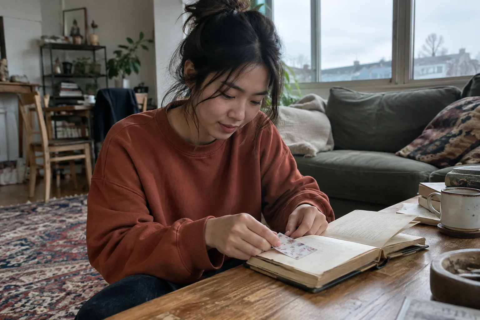 Une femme place un marque-page dans un ancien cahier