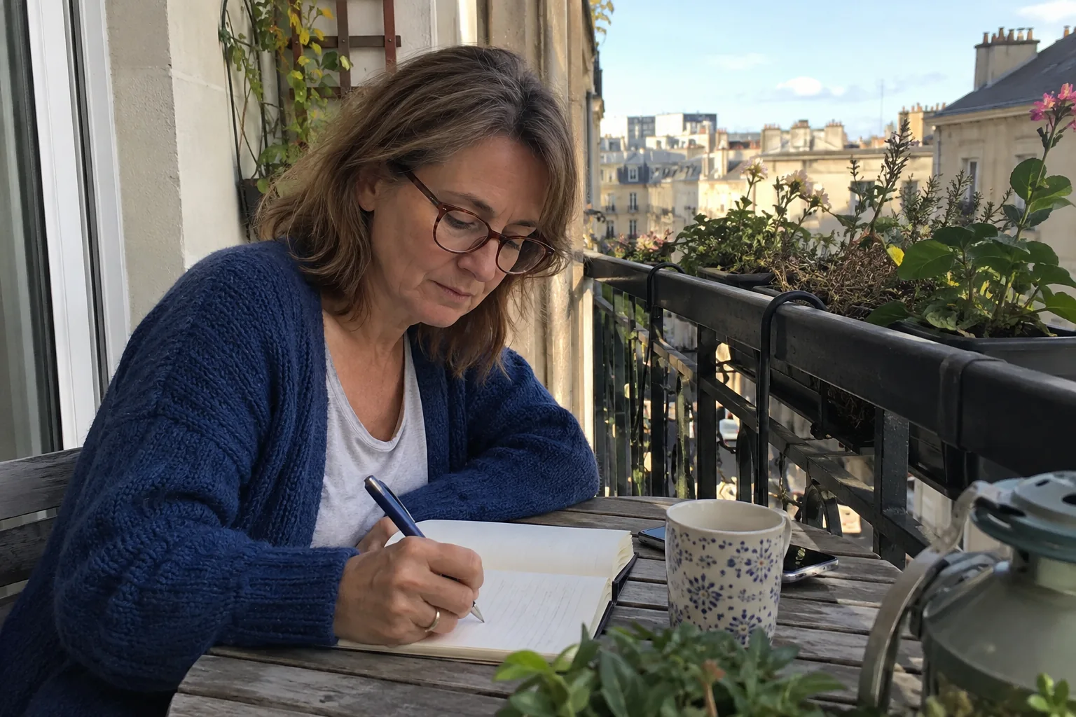 Une femme écrit sur un petit balcon