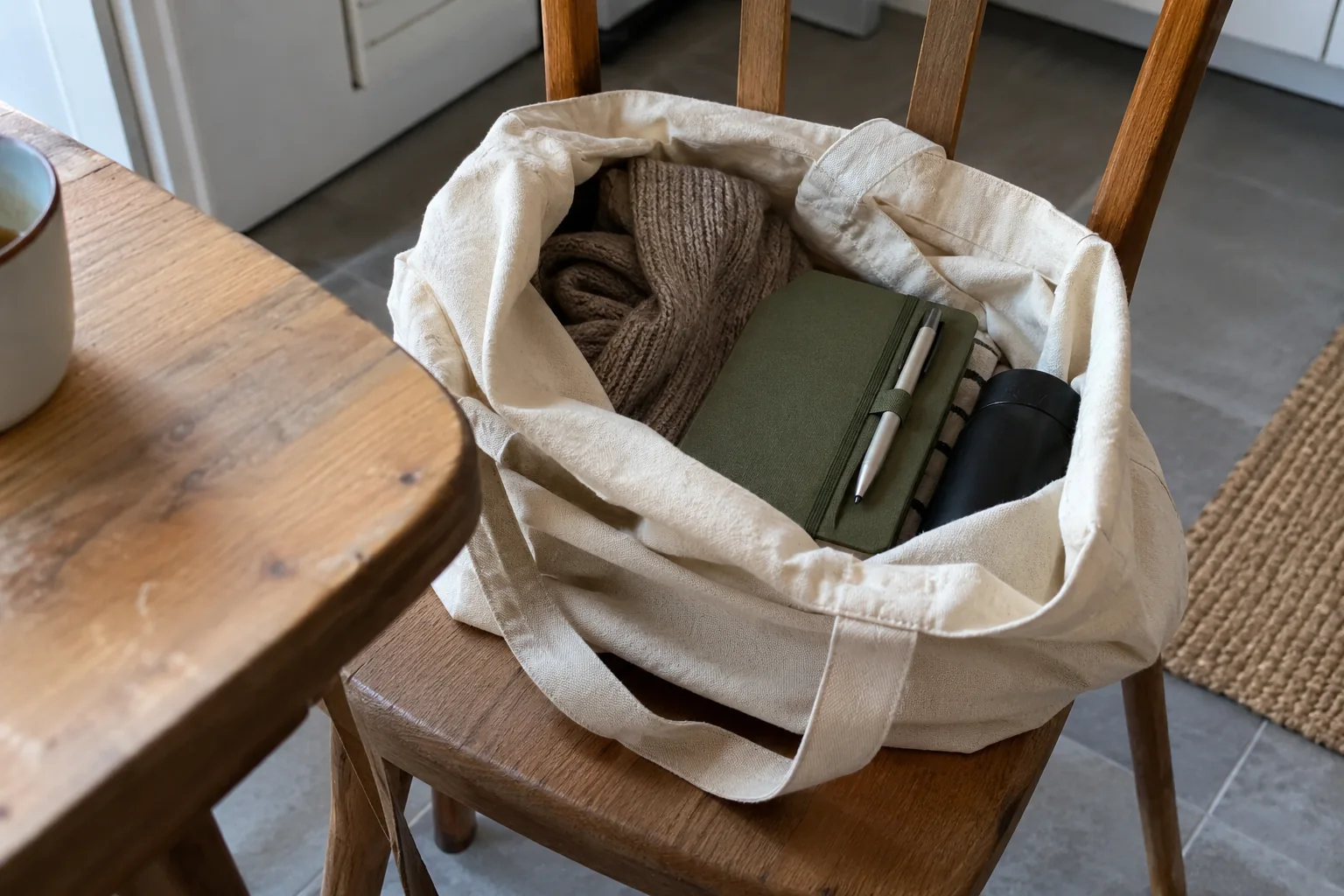 Un carnet et un stylo sont rangés dans un sac en toile