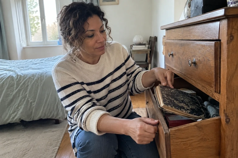 Une femme retrouve un vieux carnet dans un tiroir